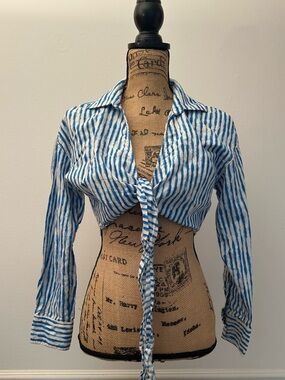 Zara Striped Blue Tie-Front Long Sleeve Crop Top Size Small